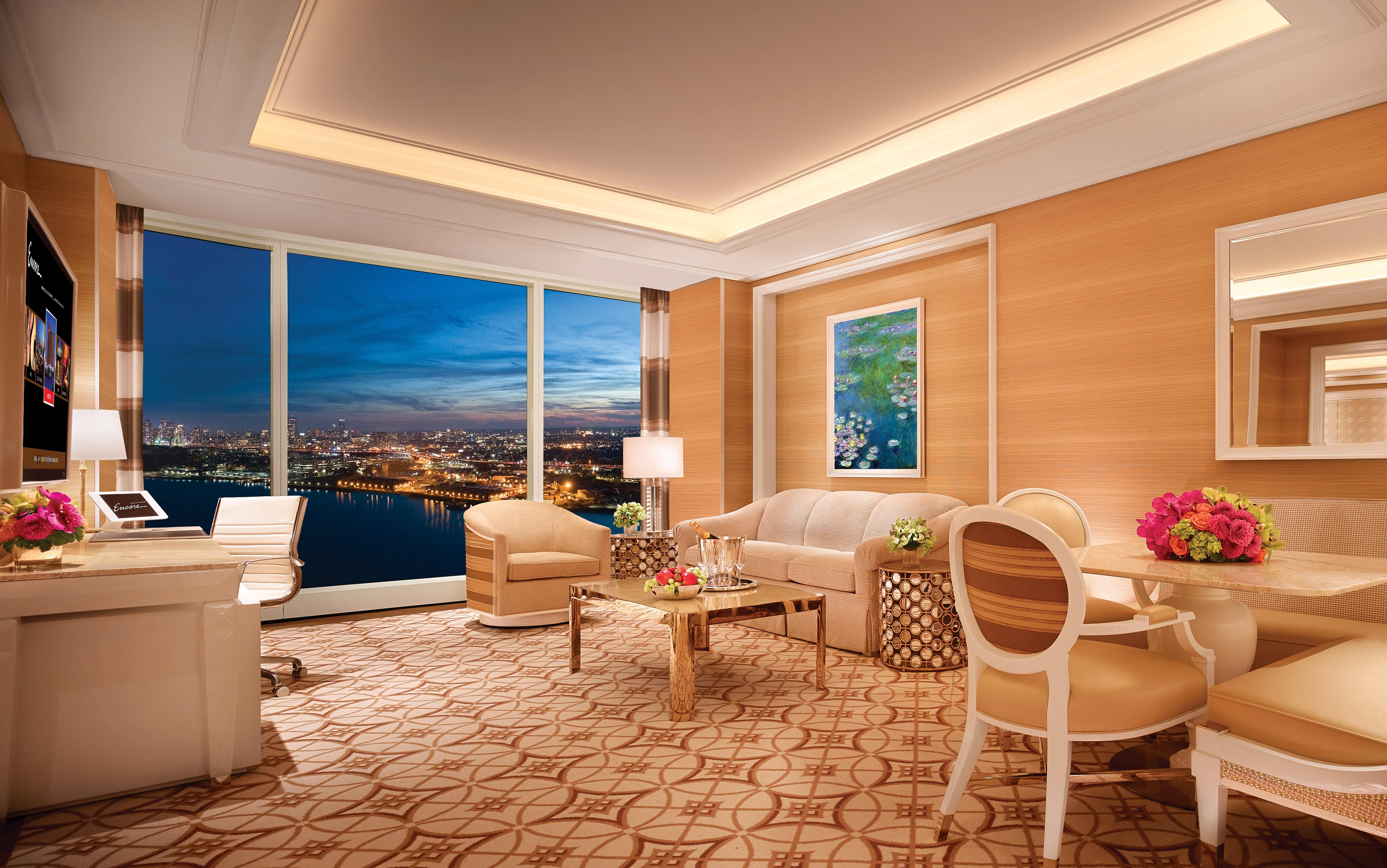 Encore Boston Harbor Everett Bagian luar foto The living room of a three-bedroom suite